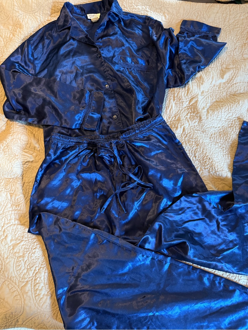 Silky Blue Women's Pajama Pants & Top Set vtg Kathryn
